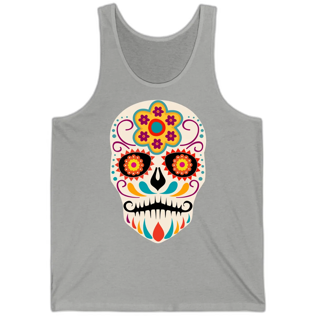 Vibrant Sugar Skull Calavera with Floral Crown Tank in Athletic Heather