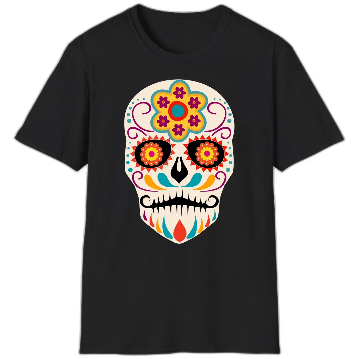 Vibrant Sugar Skull Calavera with Floral Crown T-Shirt in Black