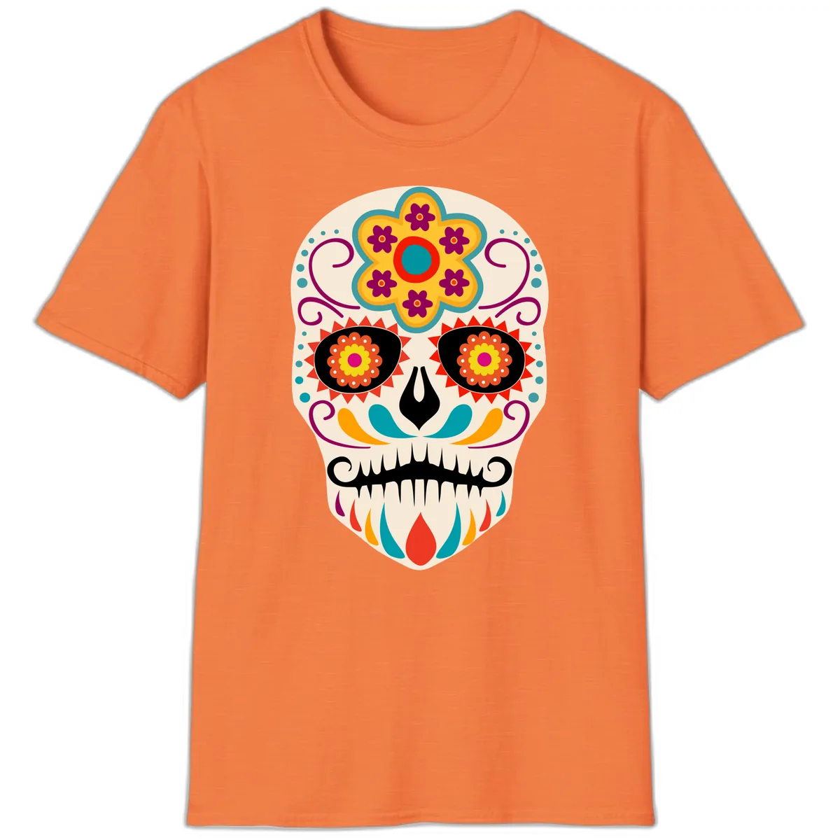 Vibrant Sugar Skull Calavera with Floral Crown T-Shirt in Heather Orange