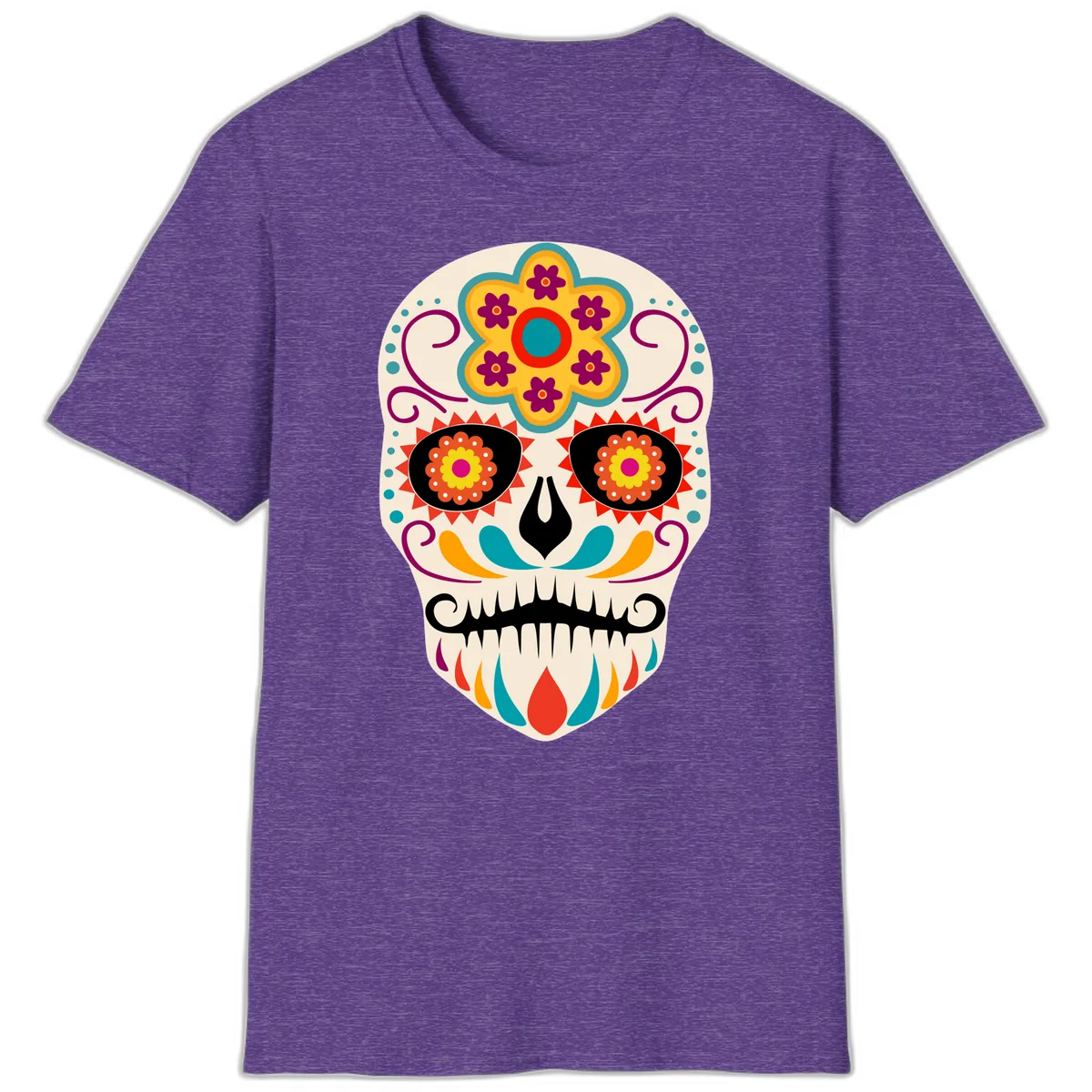 Vibrant Sugar Skull Calavera with Floral Crown T-Shirt in Heather Purple