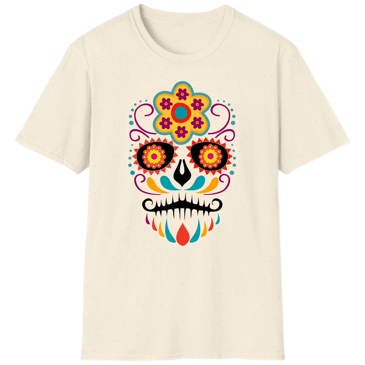 Vibrant Sugar Skull Calavera with Floral Crown T-Shirt in Natural