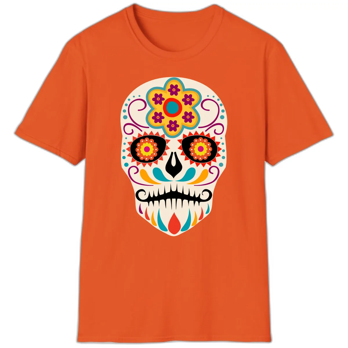 Vibrant Sugar Skull Calavera with Floral Crown T-Shirt in Orange