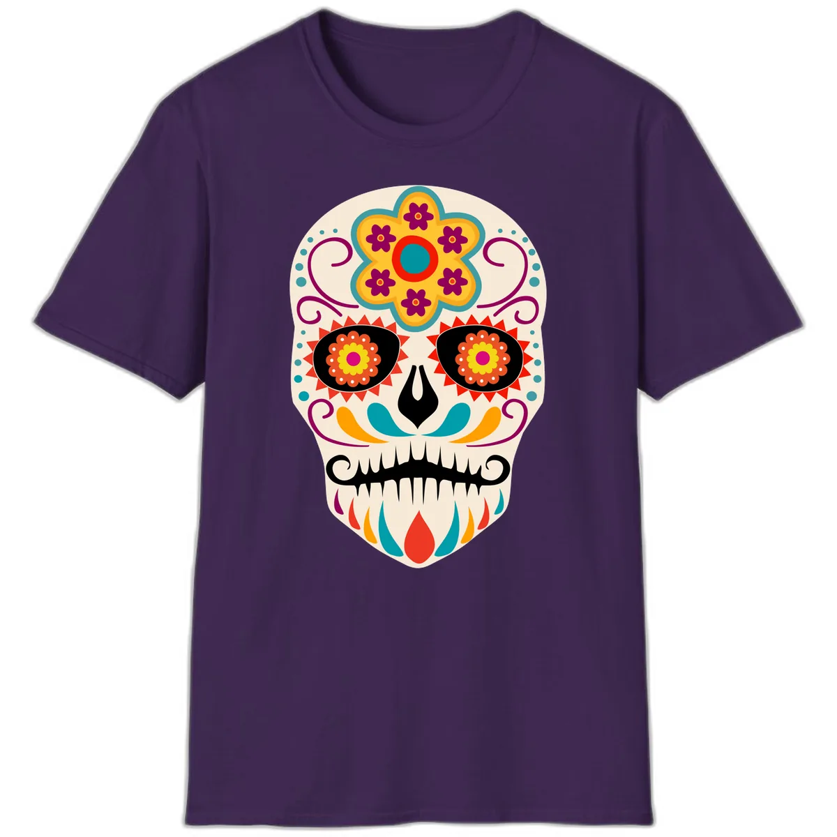 Vibrant Sugar Skull Calavera with Floral Crown T-Shirt in Purple