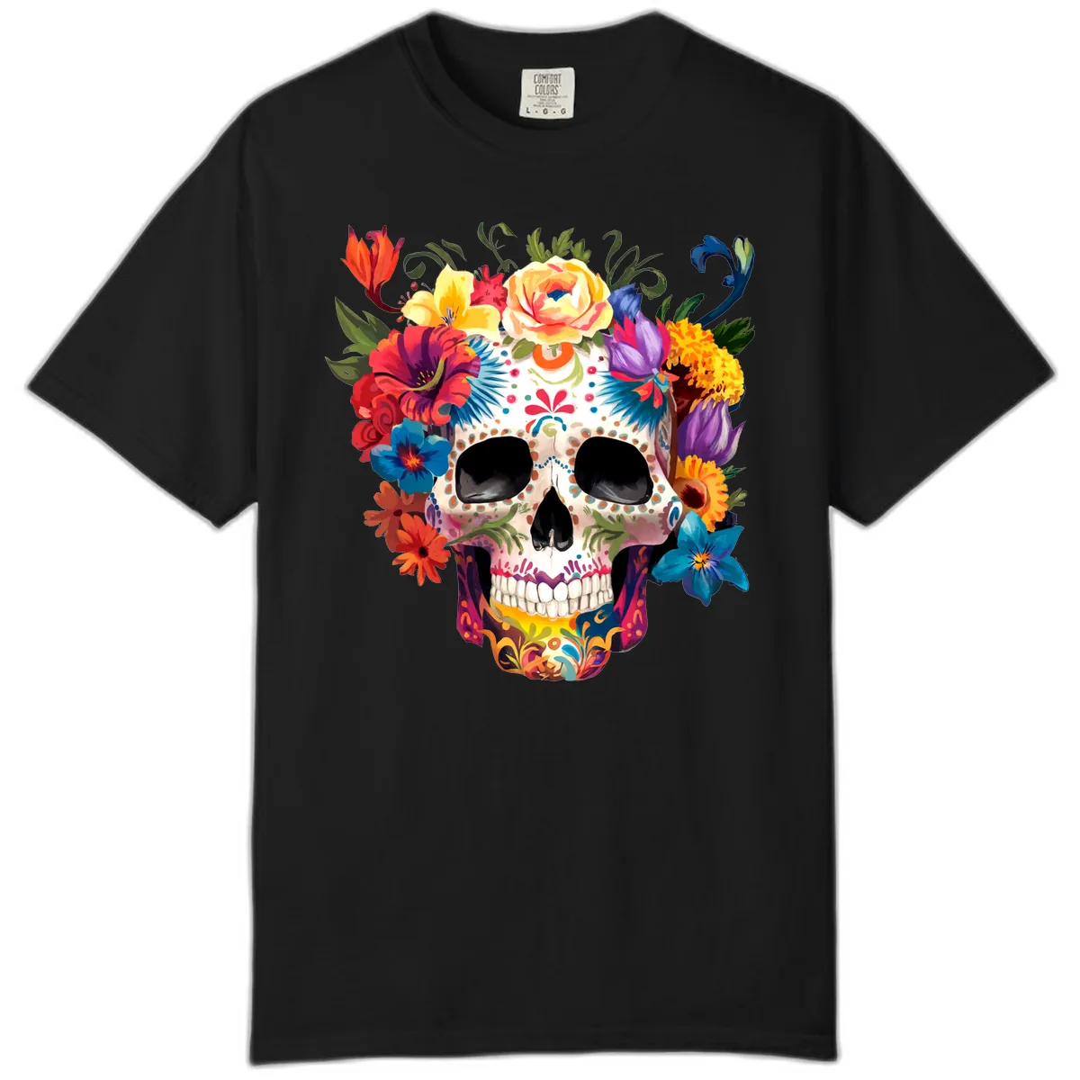 Vibrant Floral Crown Calavera Sugar Skull Comfort Color in Black