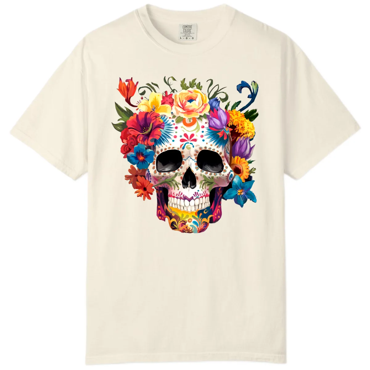 Vibrant Floral Crown Calavera Sugar Skull Comfort Color in Ivory