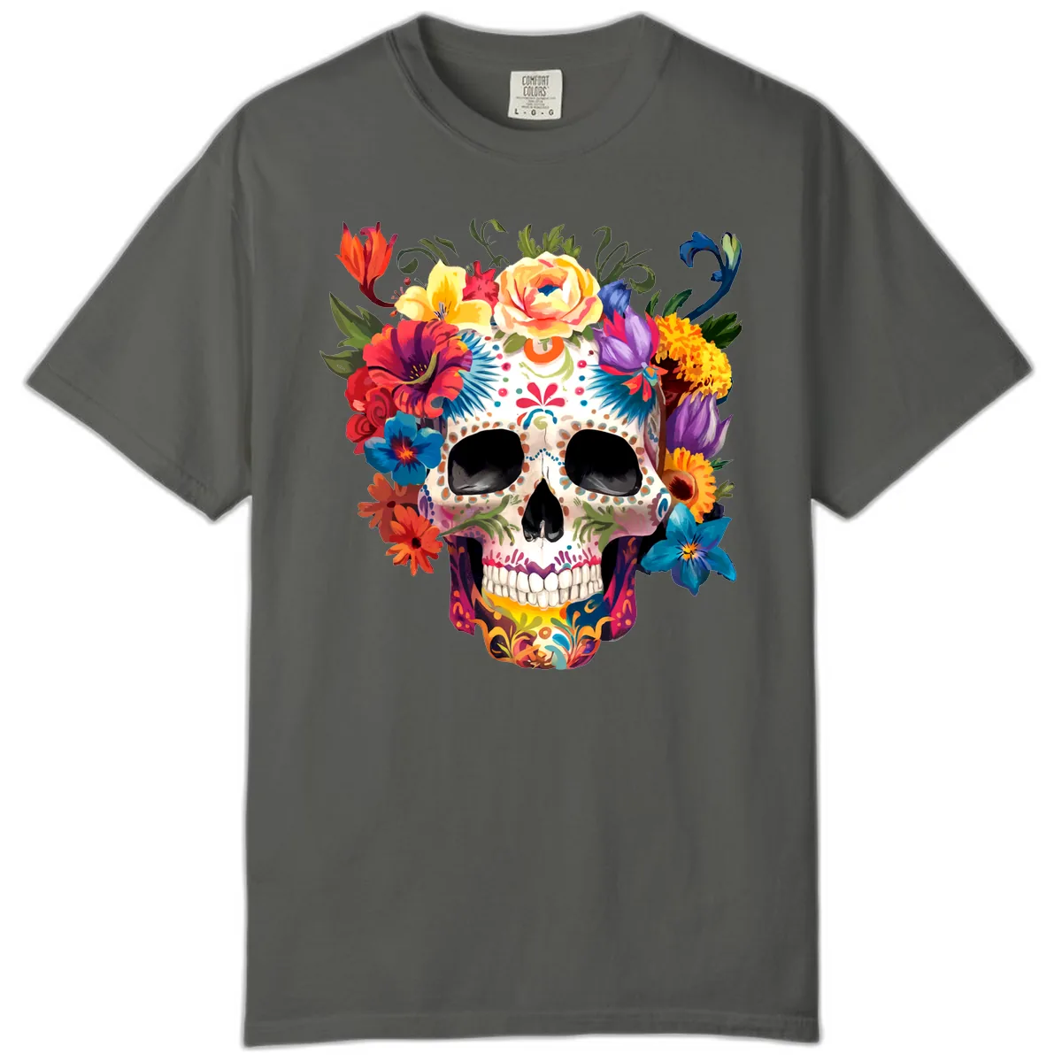 Vibrant Floral Crown Calavera Sugar Skull Comfort Color in Pepper