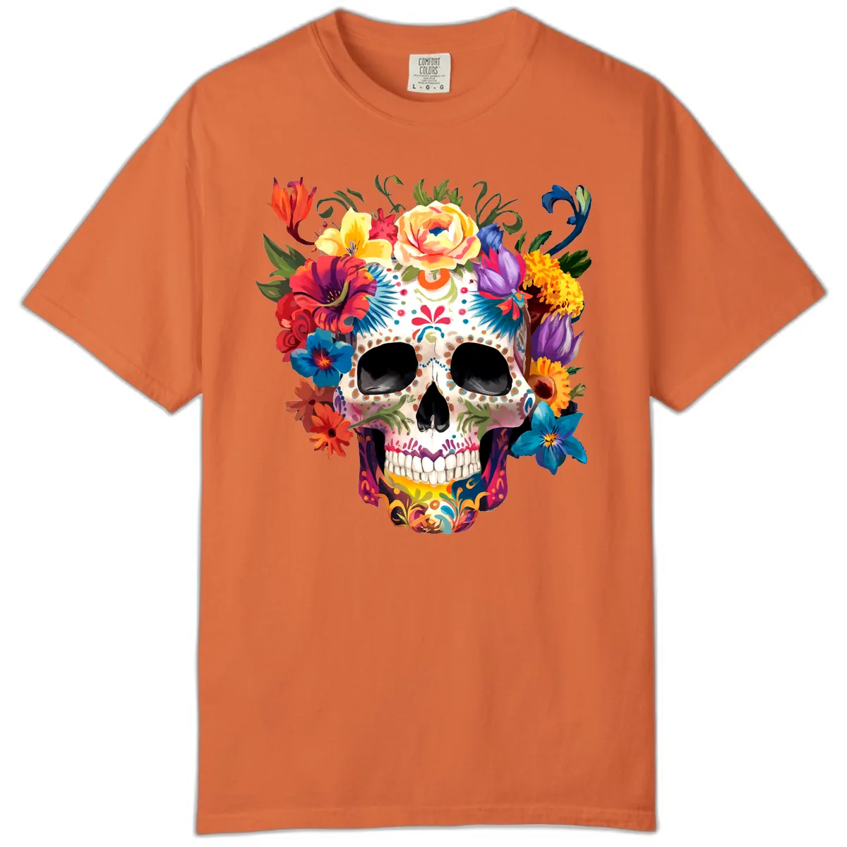 Vibrant Floral Crown Calavera Sugar Skull Comfort Color in Burnt Orange