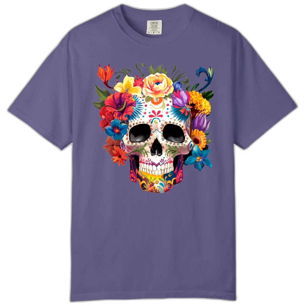 Vibrant Floral Crown Calavera Sugar Skull Comfort Color in Grape