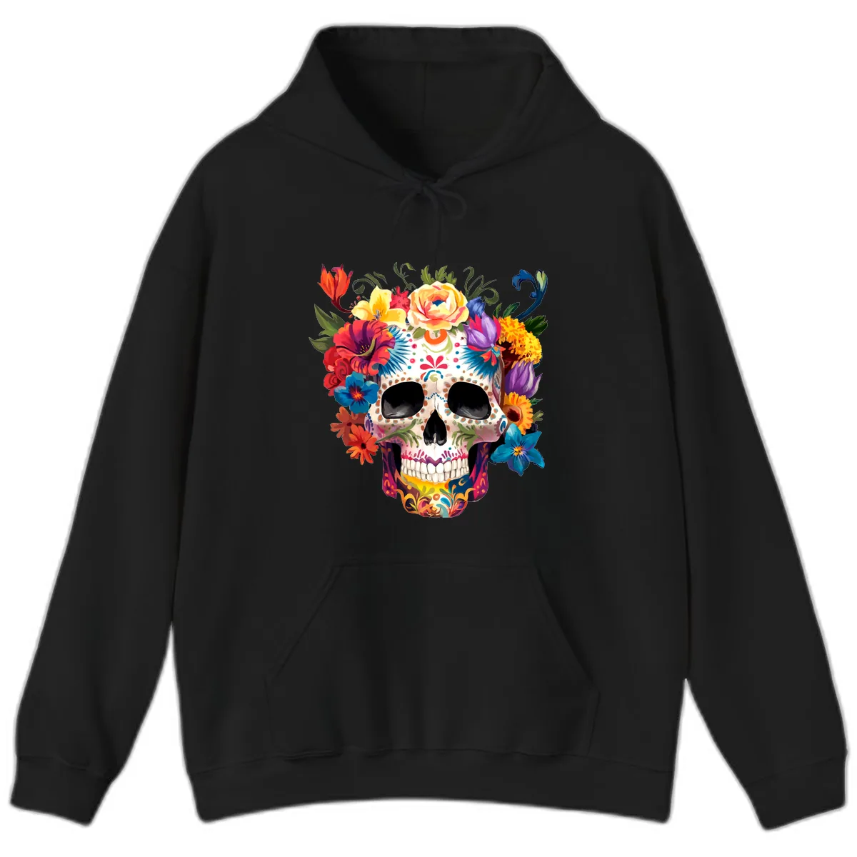 Vibrant Floral Crown Calavera Sugar Skull Hoodie in Black