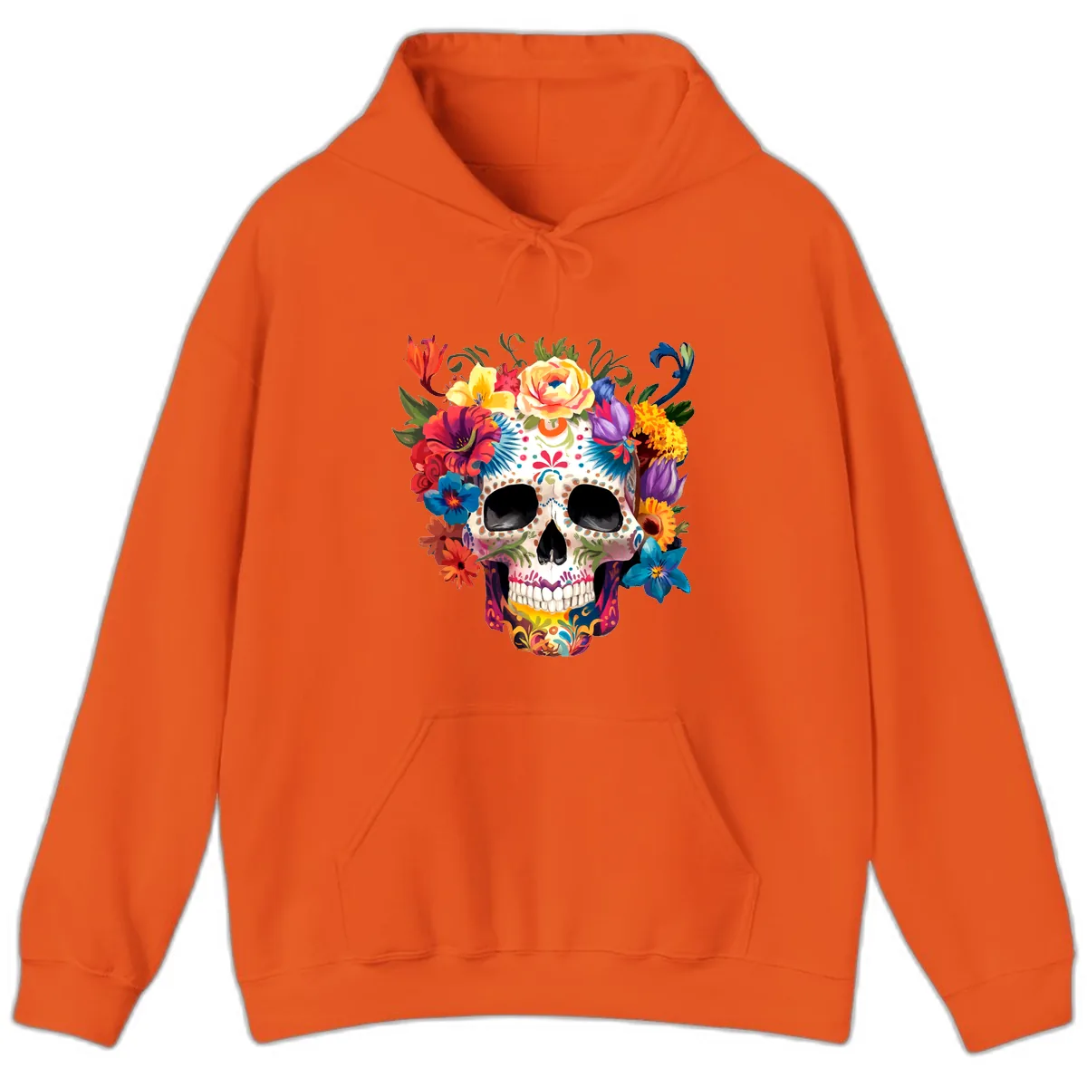 Vibrant Floral Crown Calavera Sugar Skull Hoodie in Orange