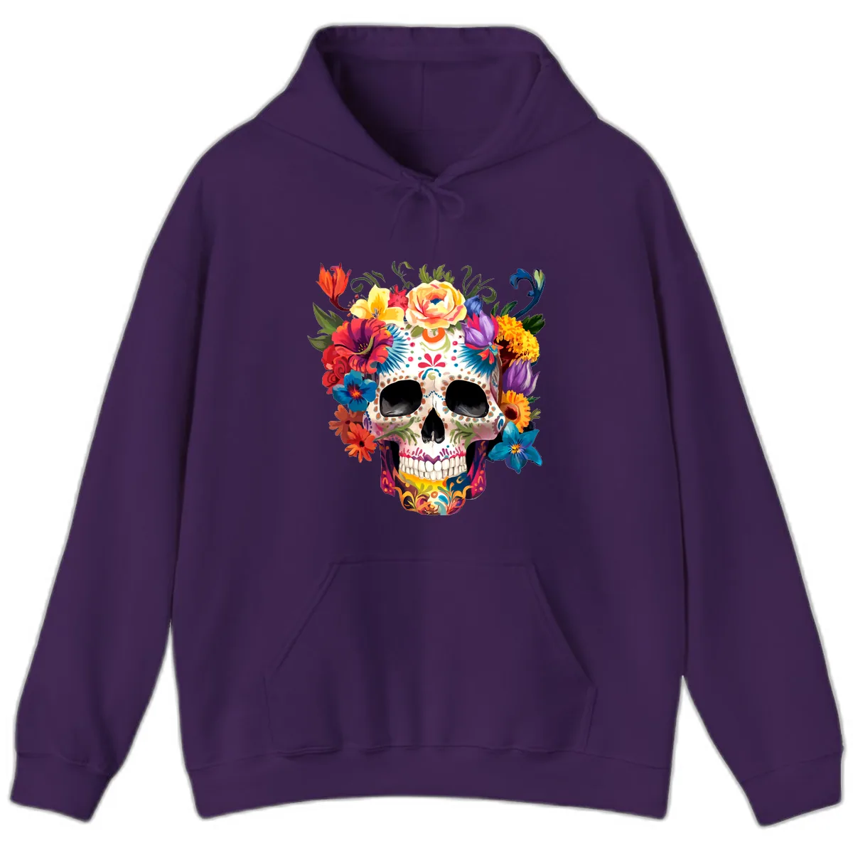 Vibrant Floral Crown Calavera Sugar Skull Hoodie in Purple