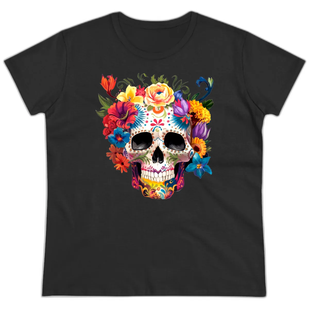 Vibrant Floral Crown Calavera Sugar Skull Ladies Tee in Black