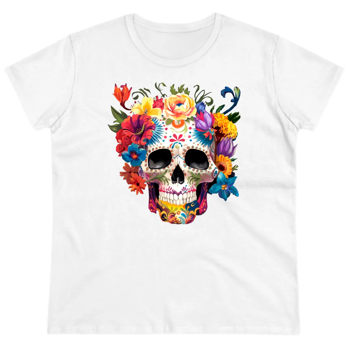 Vibrant Floral Crown Calavera Sugar Skull Ladies Tee in White