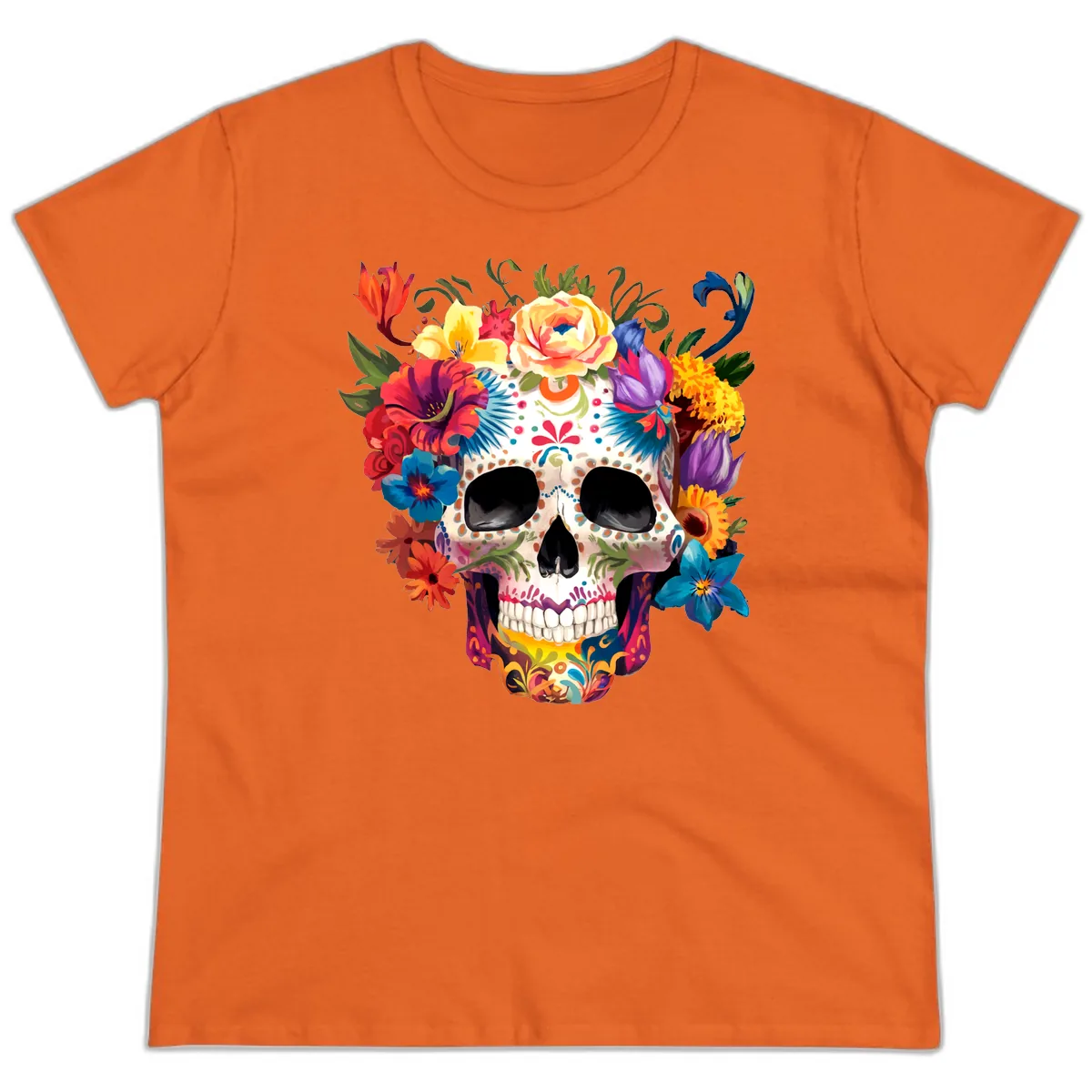 Vibrant Floral Crown Calavera Sugar Skull Ladies Tee in Orange