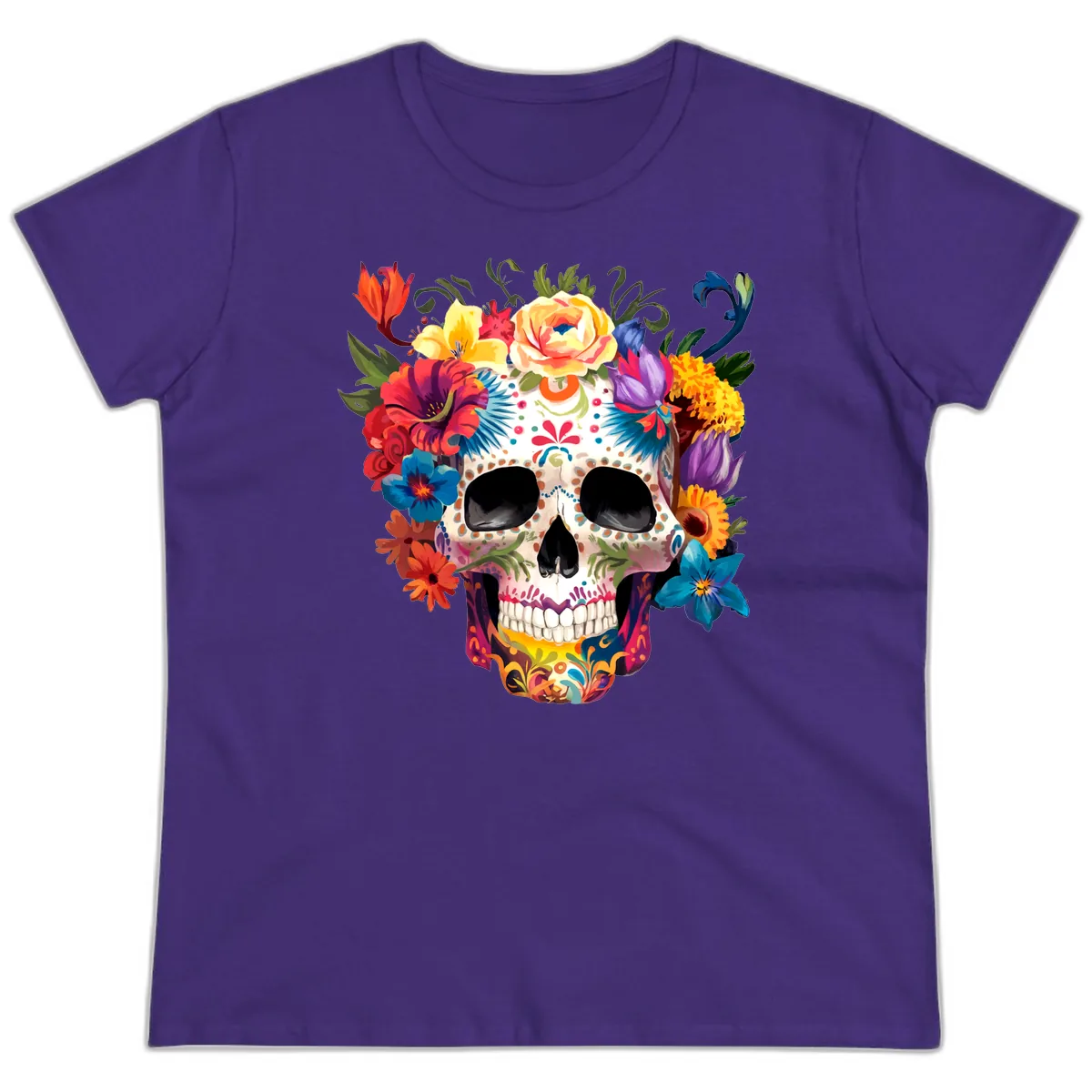 Vibrant Floral Crown Calavera Sugar Skull Ladies Tee in Purple