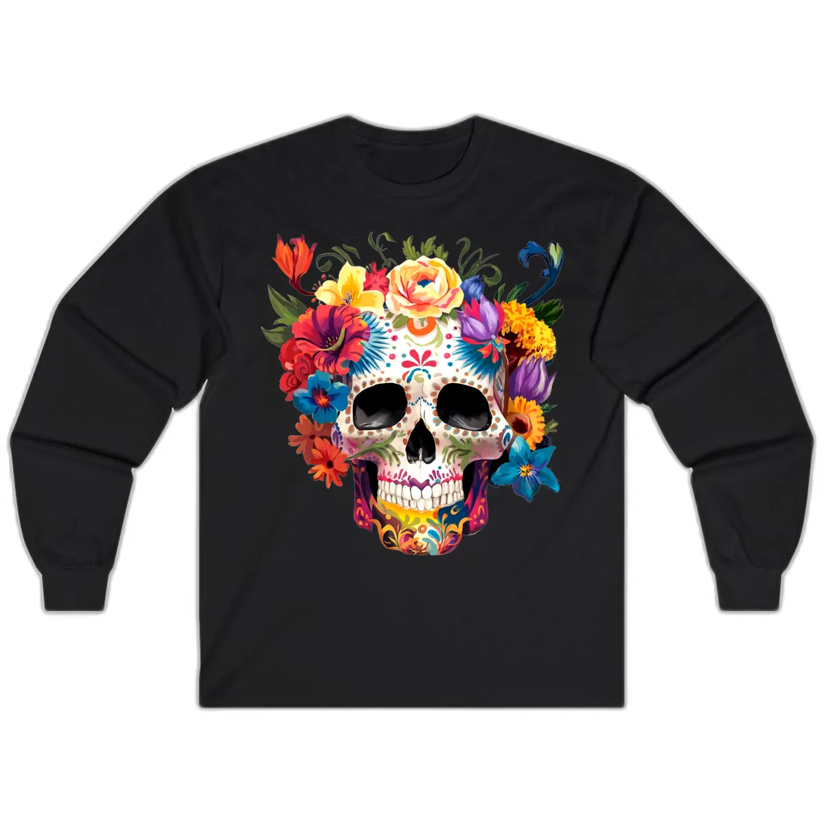 Vibrant Floral Crown Calavera Sugar Skull Long Sleeve in Black