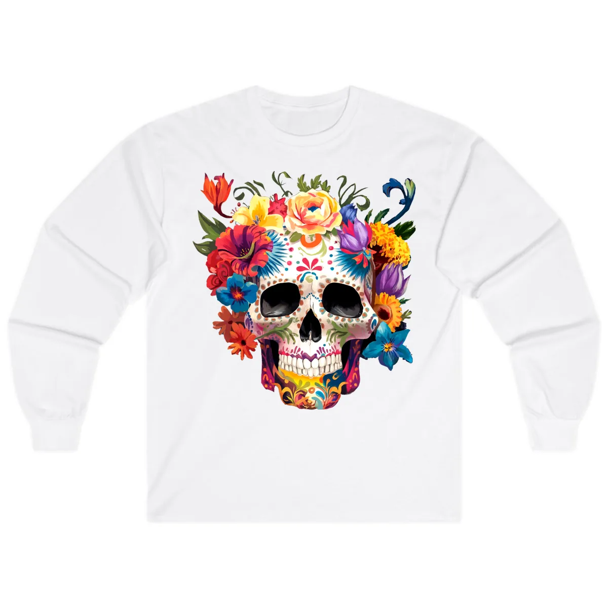 Vibrant Floral Crown Calavera Sugar Skull Long Sleeve in White