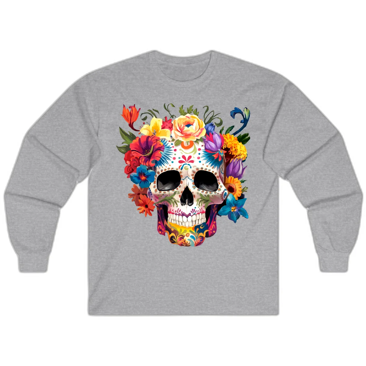 Vibrant Floral Crown Calavera Sugar Skull Long Sleeve in Sport Grey