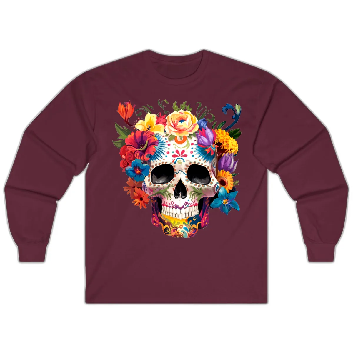 Vibrant Floral Crown Calavera Sugar Skull Long Sleeve in Maroon
