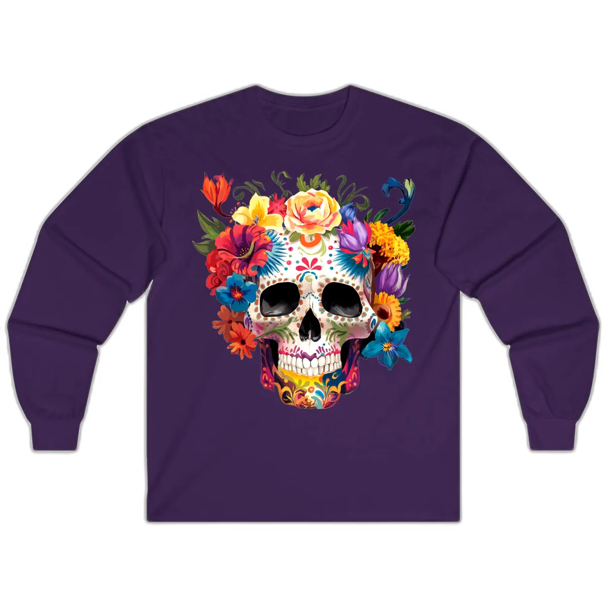 Vibrant Floral Crown Calavera Sugar Skull Long Sleeve in Purple