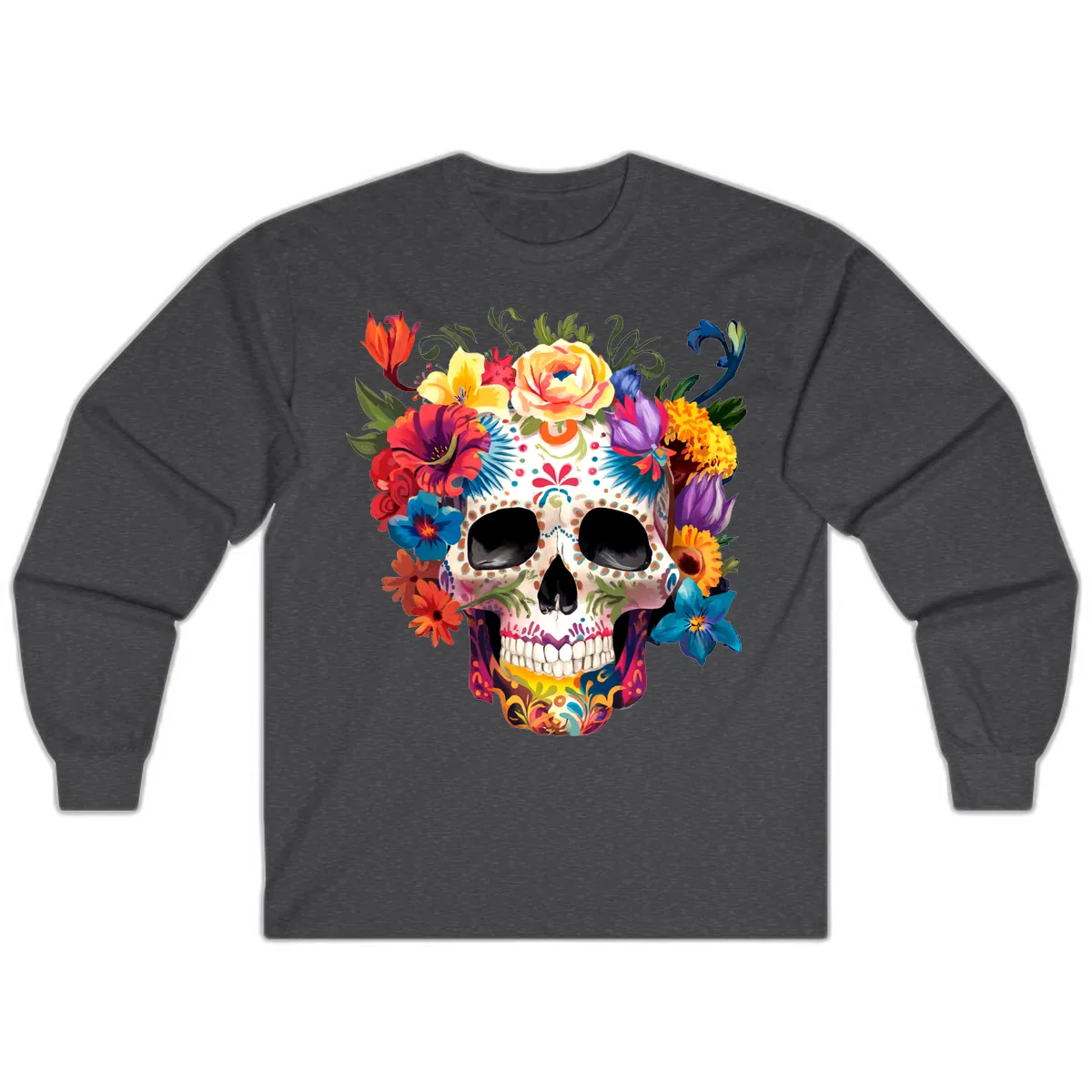Vibrant Floral Crown Calavera Sugar Skull Long Sleeve in Dark Heather