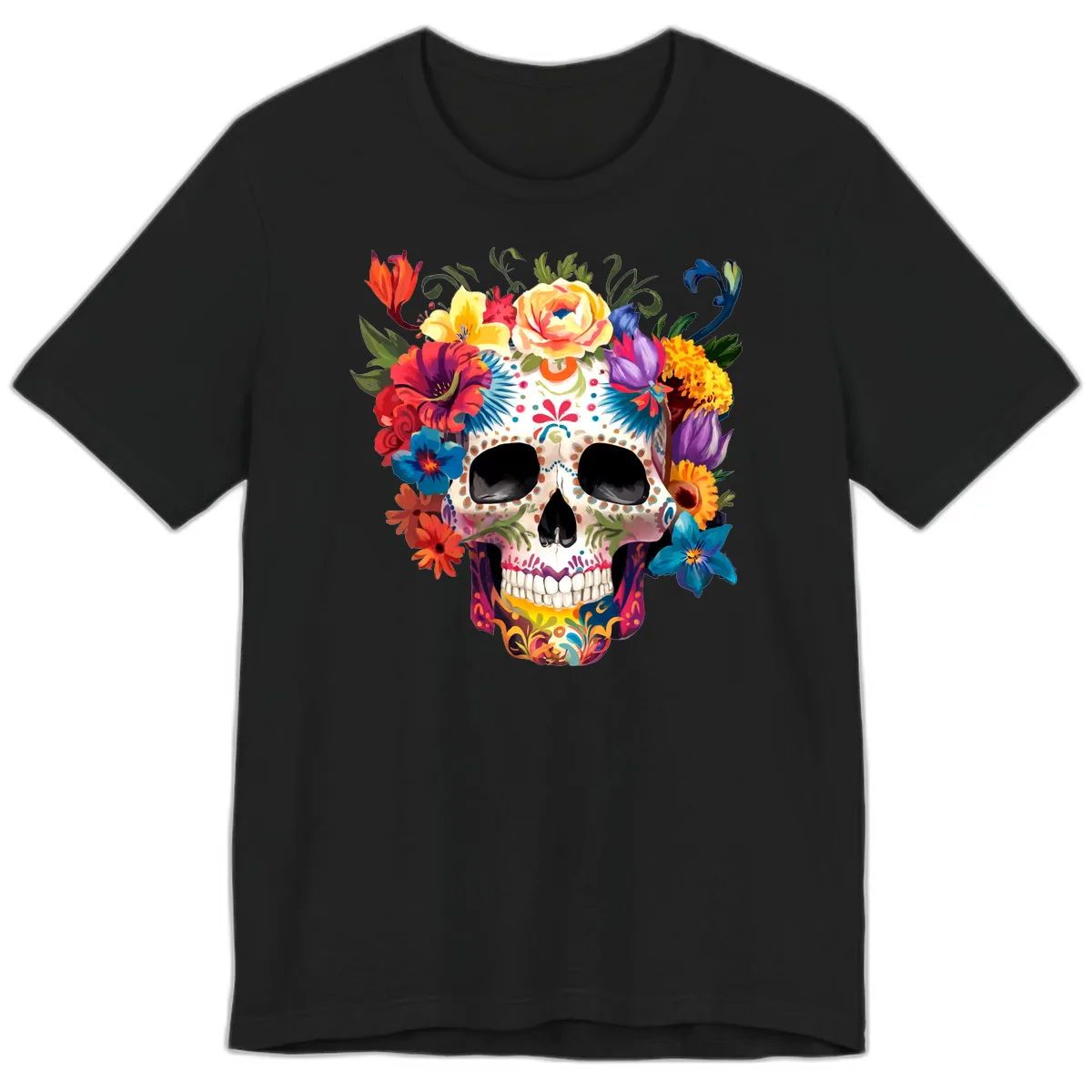 Vibrant Floral Crown Calavera Sugar Skull Premium T-Shirt in Black