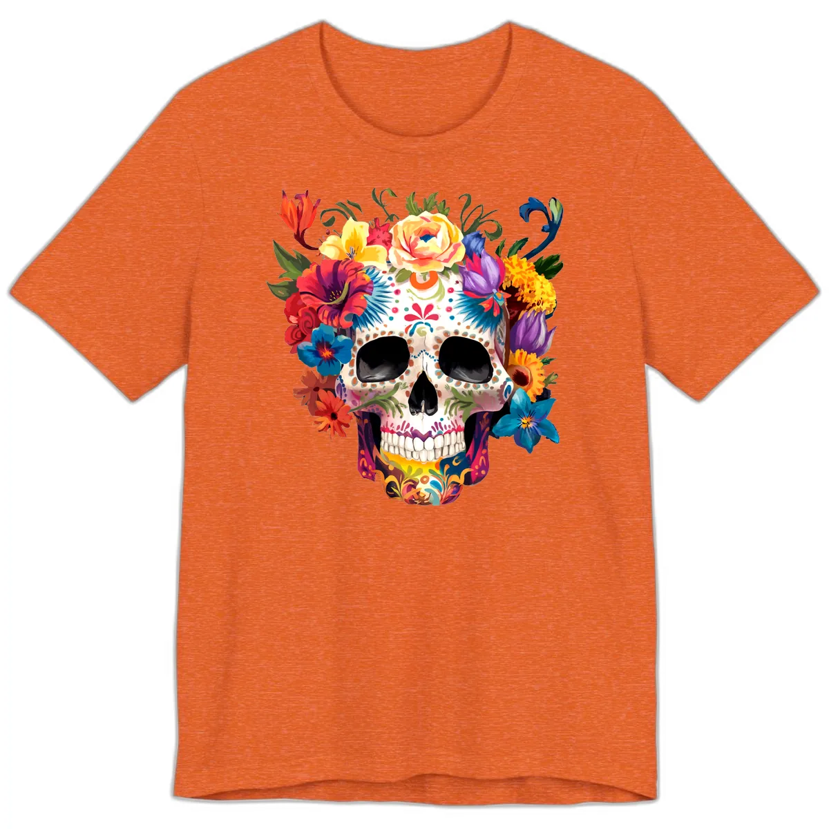Vibrant Floral Crown Calavera Sugar Skull Premium T-Shirt in Heather Orange