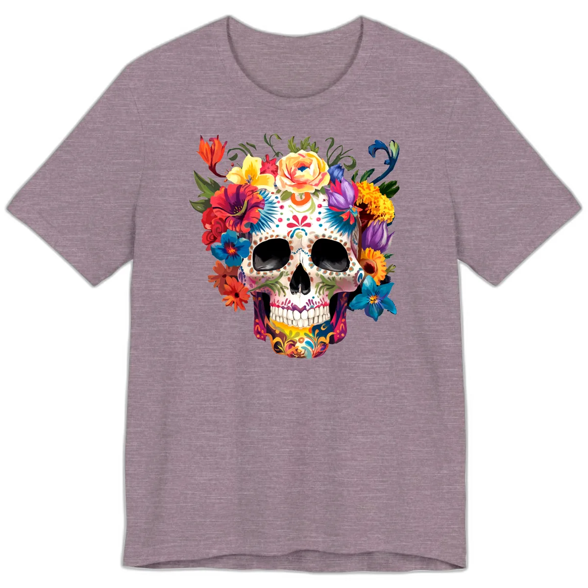 Vibrant Floral Crown Calavera Sugar Skull Premium T-Shirt in Heather Purple