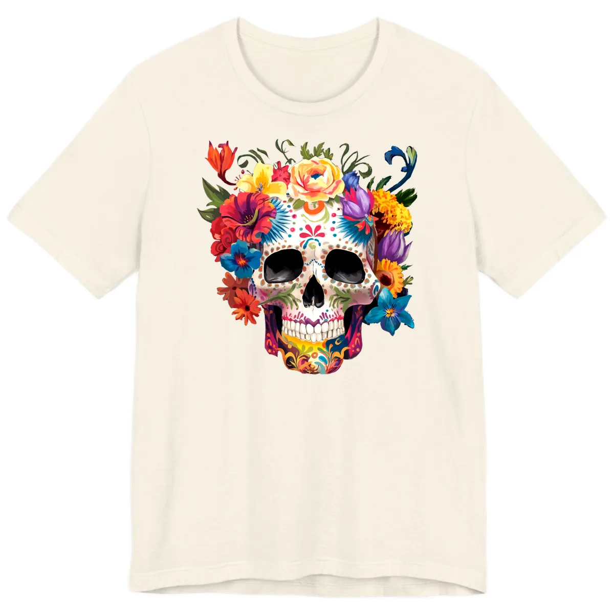 Vibrant Floral Crown Calavera Sugar Skull Premium T-Shirt in Natural