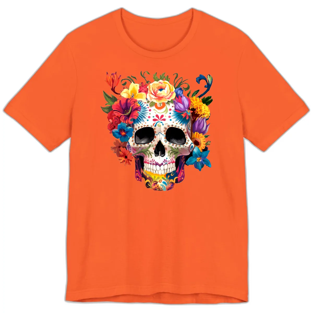 Vibrant Floral Crown Calavera Sugar Skull Premium T-Shirt in Orange