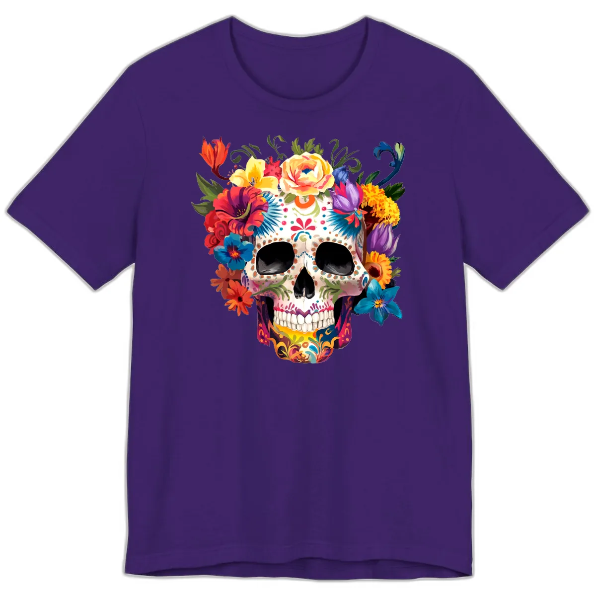Vibrant Floral Crown Calavera Sugar Skull Premium T-Shirt in Team Purple