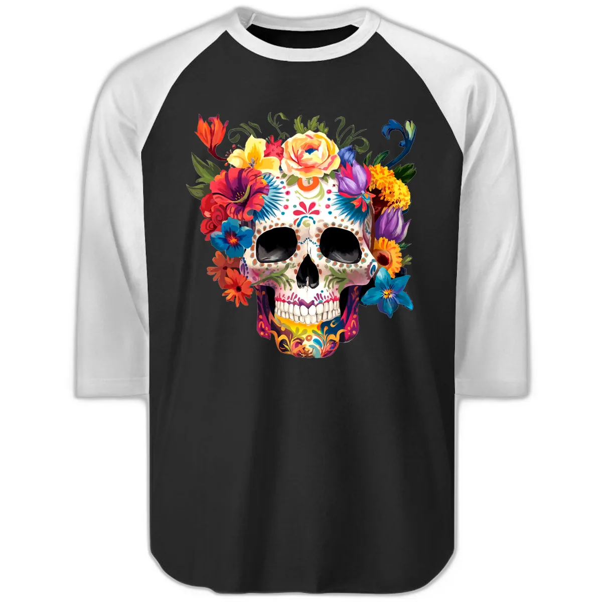 Vibrant Floral Crown Calavera Sugar Skull Raglan 3/4 in Black White