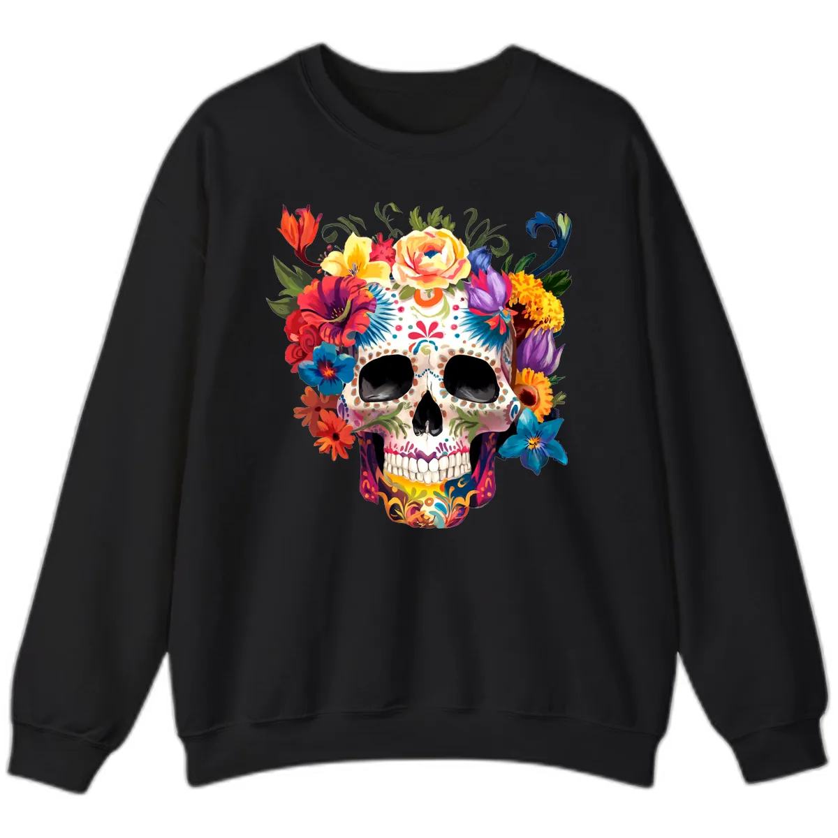 Vibrant Floral Crown Calavera Sugar Skull Sweatshirt in Black