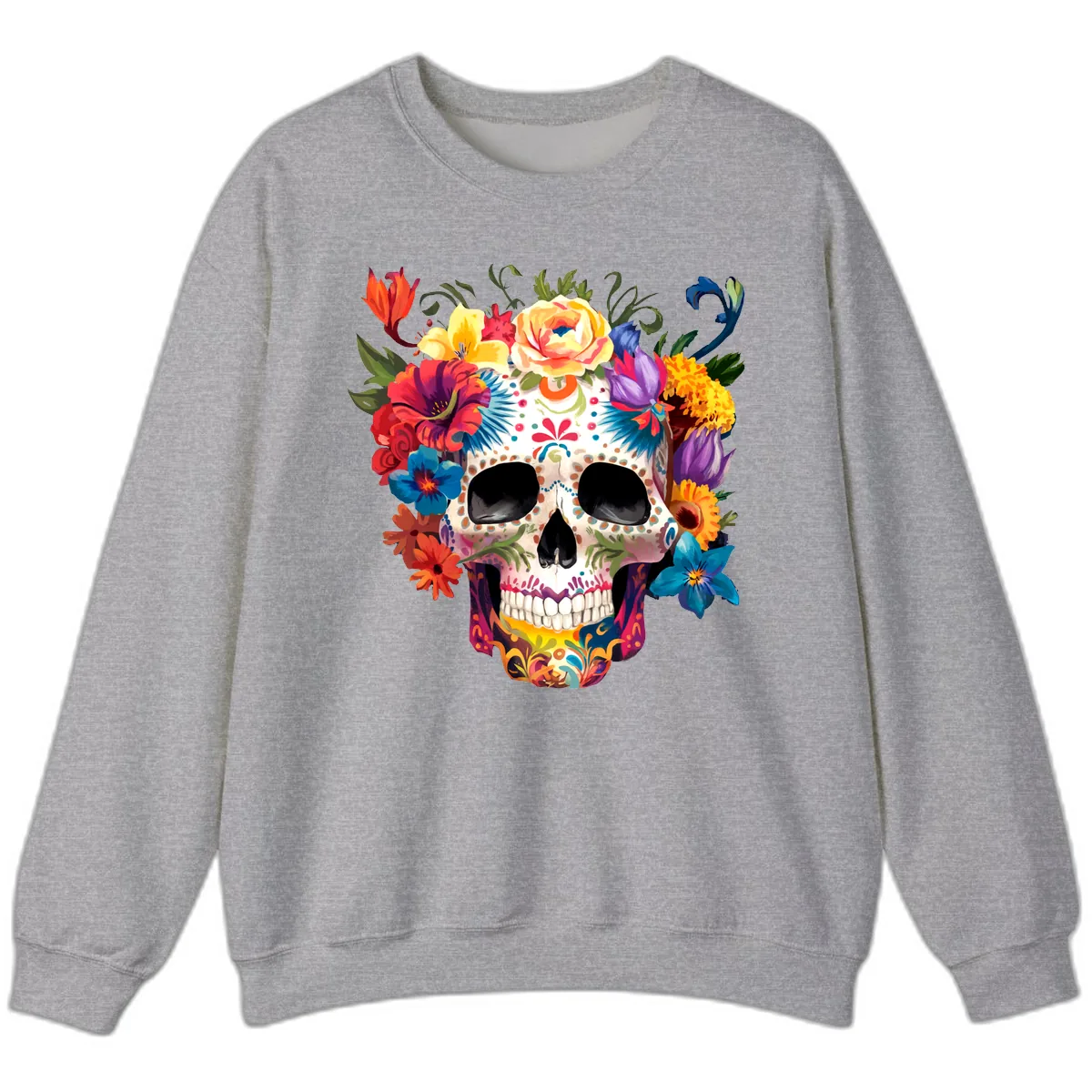 Vibrant Floral Crown Calavera Sugar Skull Sweatshirt in Sport Grey