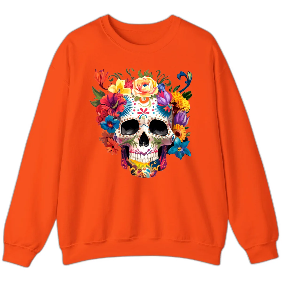Vibrant Floral Crown Calavera Sugar Skull Sweatshirt in Orange