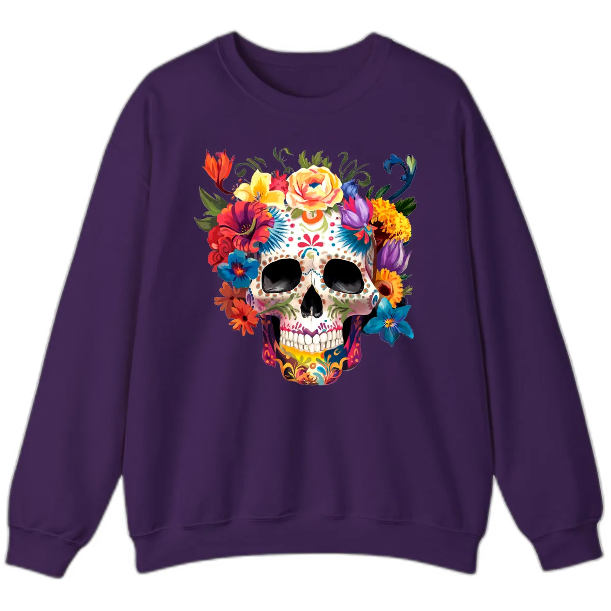 Vibrant Floral Crown Calavera Sugar Skull Sweatshirt in Purple
