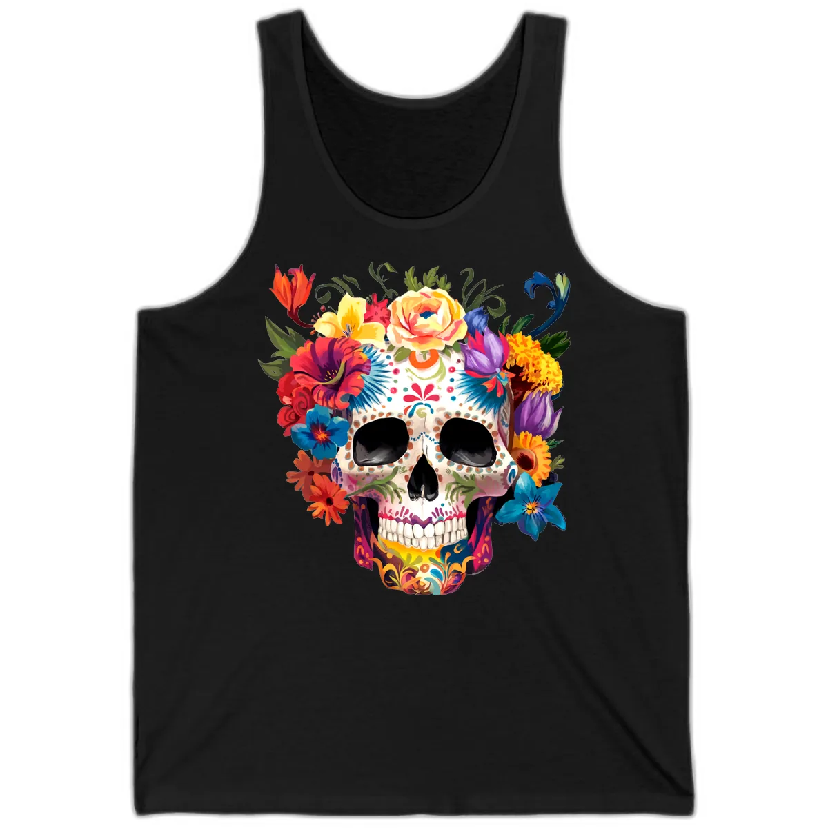 Vibrant Floral Crown Calavera Sugar Skull Tank in Black