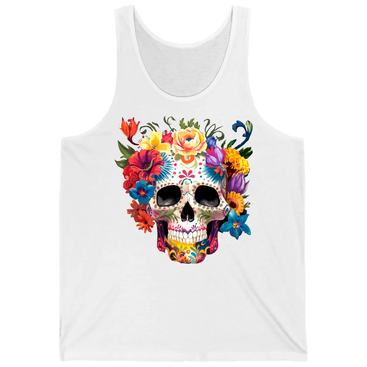 Vibrant Floral Crown Calavera Sugar Skull Tank in White