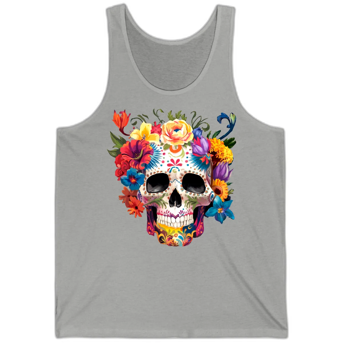 Vibrant Floral Crown Calavera Sugar Skull Tank in Athletic Heather