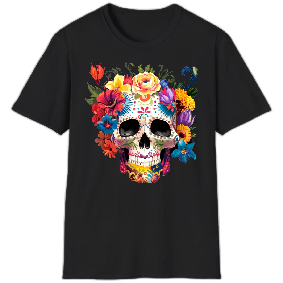Vibrant Floral Crown Calavera Sugar Skull T-Shirt in Black