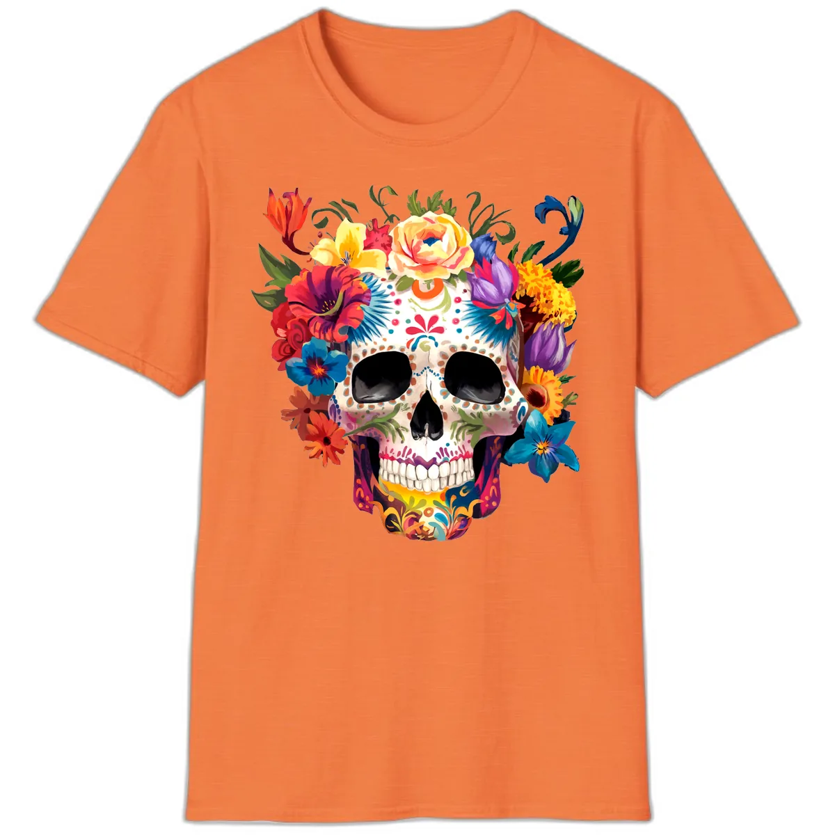 Vibrant Floral Crown Calavera Sugar Skull T-Shirt in Heather Orange
