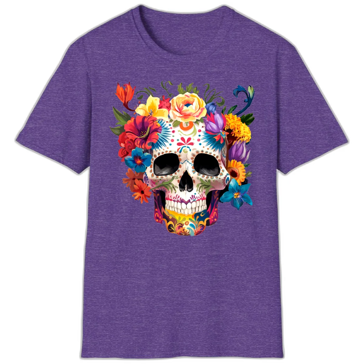 Vibrant Floral Crown Calavera Sugar Skull T-Shirt in Heather Purple