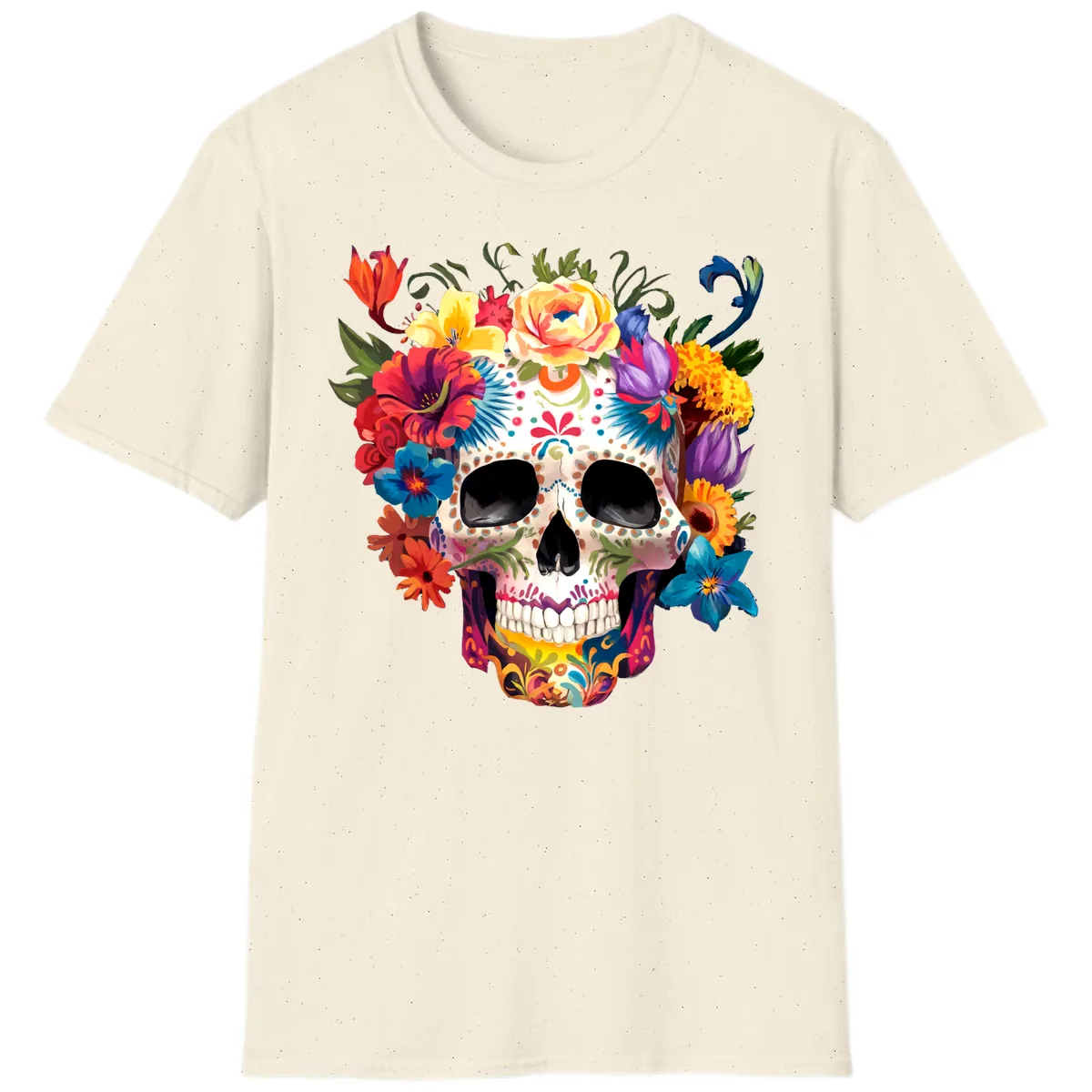 Vibrant Floral Crown Calavera Sugar Skull T-Shirt in Natural