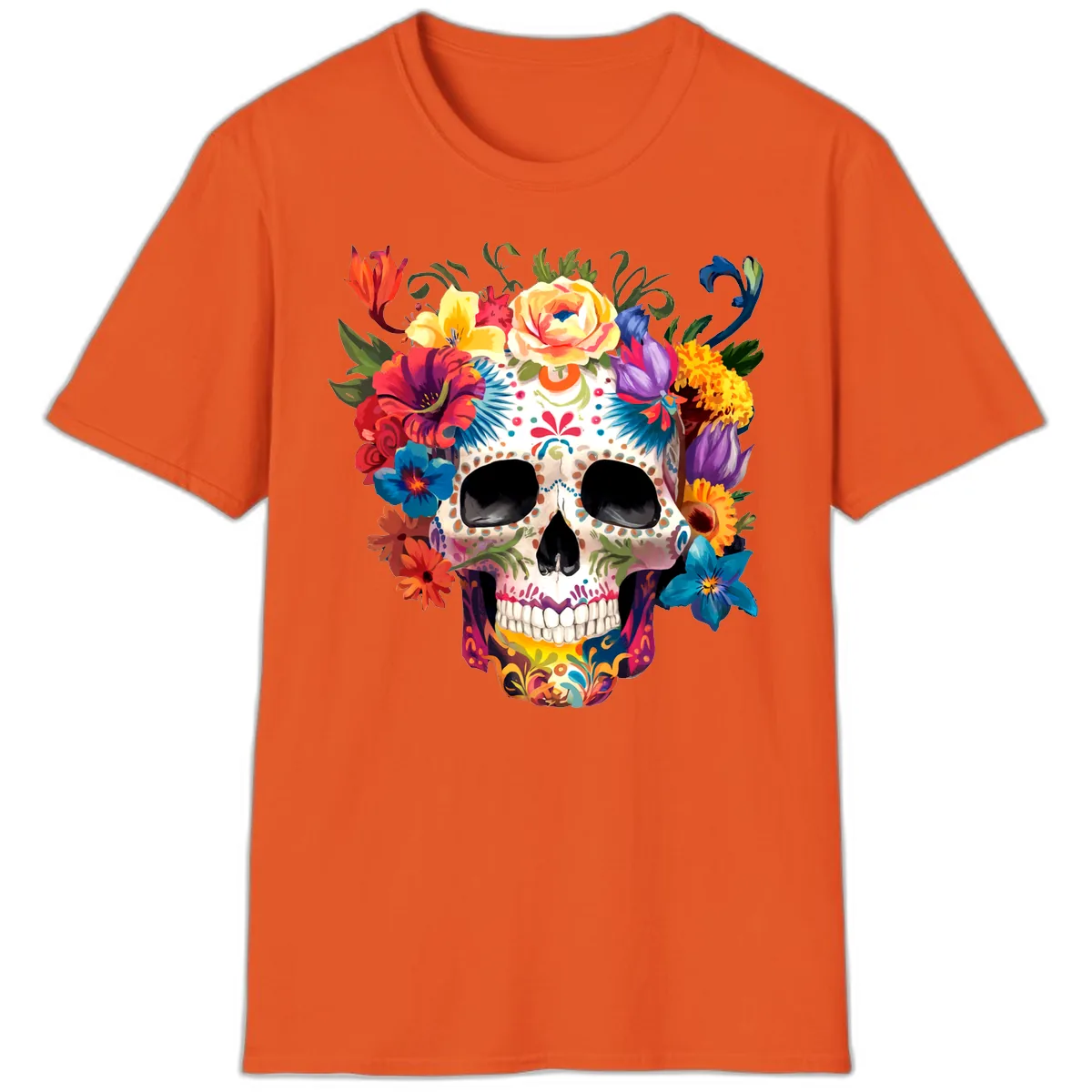 Vibrant Floral Crown Calavera Sugar Skull T-Shirt in Orange