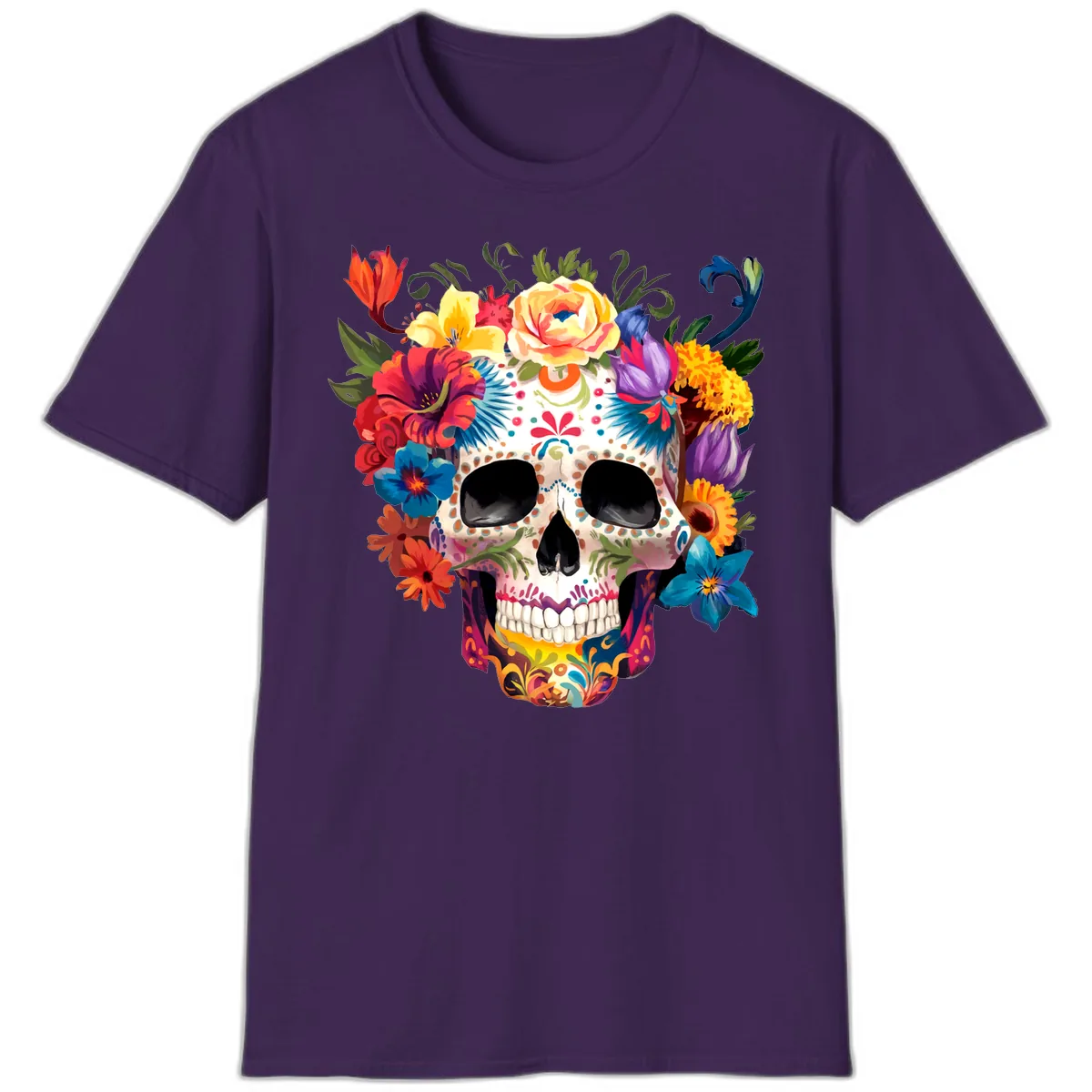 Vibrant Floral Crown Calavera Sugar Skull T-Shirt in Purple