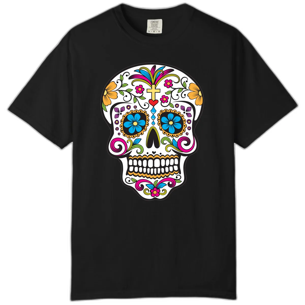Vibrant Sugar Skull With Cross And Flowers Comfort Color in Black
