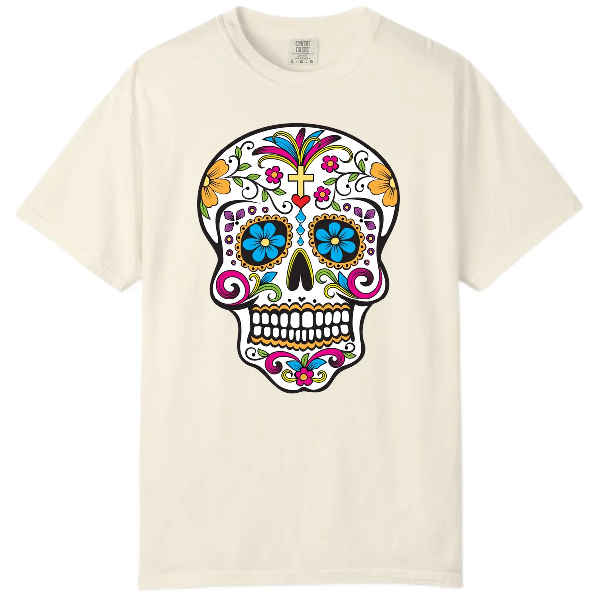 Vibrant Sugar Skull With Cross And Flowers Comfort Color in Ivory