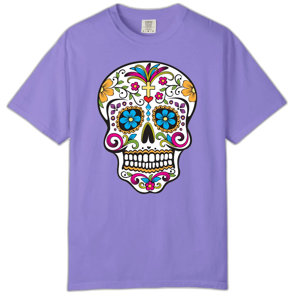 Vibrant Sugar Skull With Cross And Flowers Comfort Color in Violet