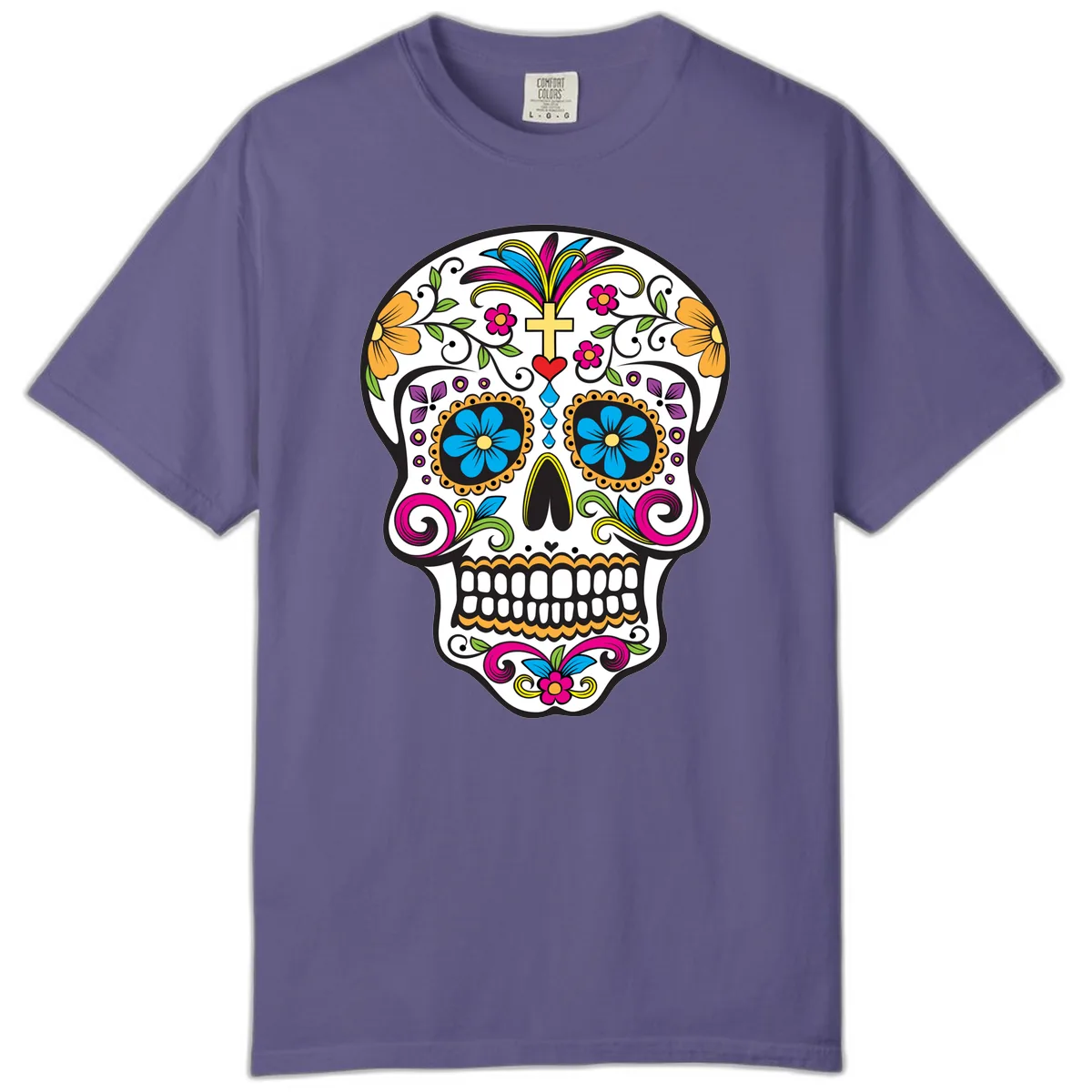 Vibrant Sugar Skull With Cross And Flowers Comfort Color in Grape