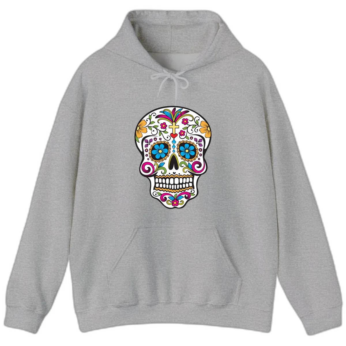 Vibrant Sugar Skull With Cross And Flowers Hoodie in Sport Grey
